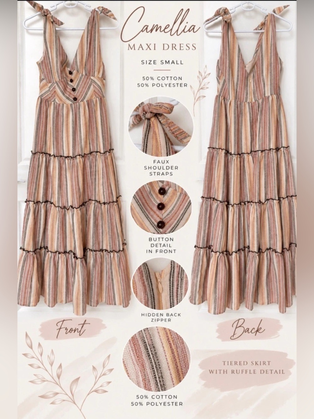 Camellia Maxi Dress Striped Maxi Dress in yellow, rust & Brown. Size Small Like